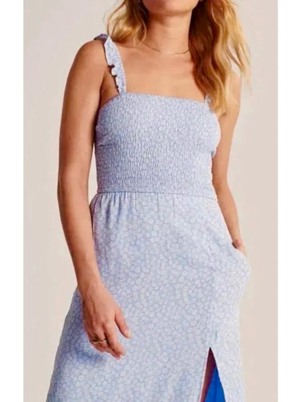 Abercrombie & Fitch Blue Floral Midi Dress with Smocking & Side Slit EUC